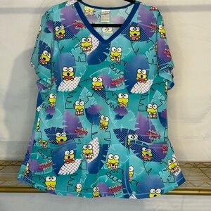 Keroppi Graphic Blue and Green Relaxed Short Sleeve Scrub Top